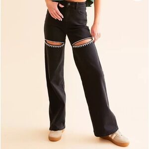 Bluebell Collection Black Flare Jeans with rhinestone Cut-Out Detail